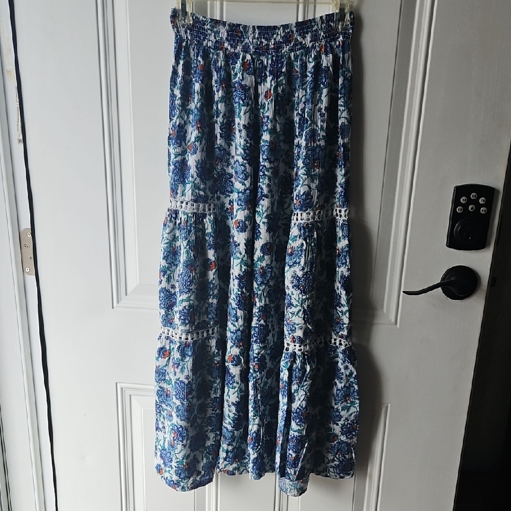 Angie Blue Floral Maxi Skirt with White Background